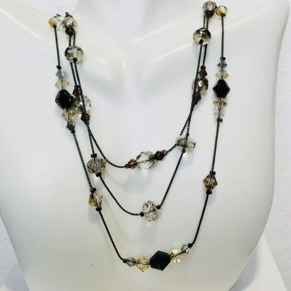 Vintage Faceted Shimmering Glass Beaded Gun Metal Multi 3 Tier Necklace 18” - Picture 7 of 7